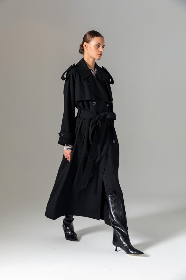 Kruvaze Maxi Trençkot Siyah