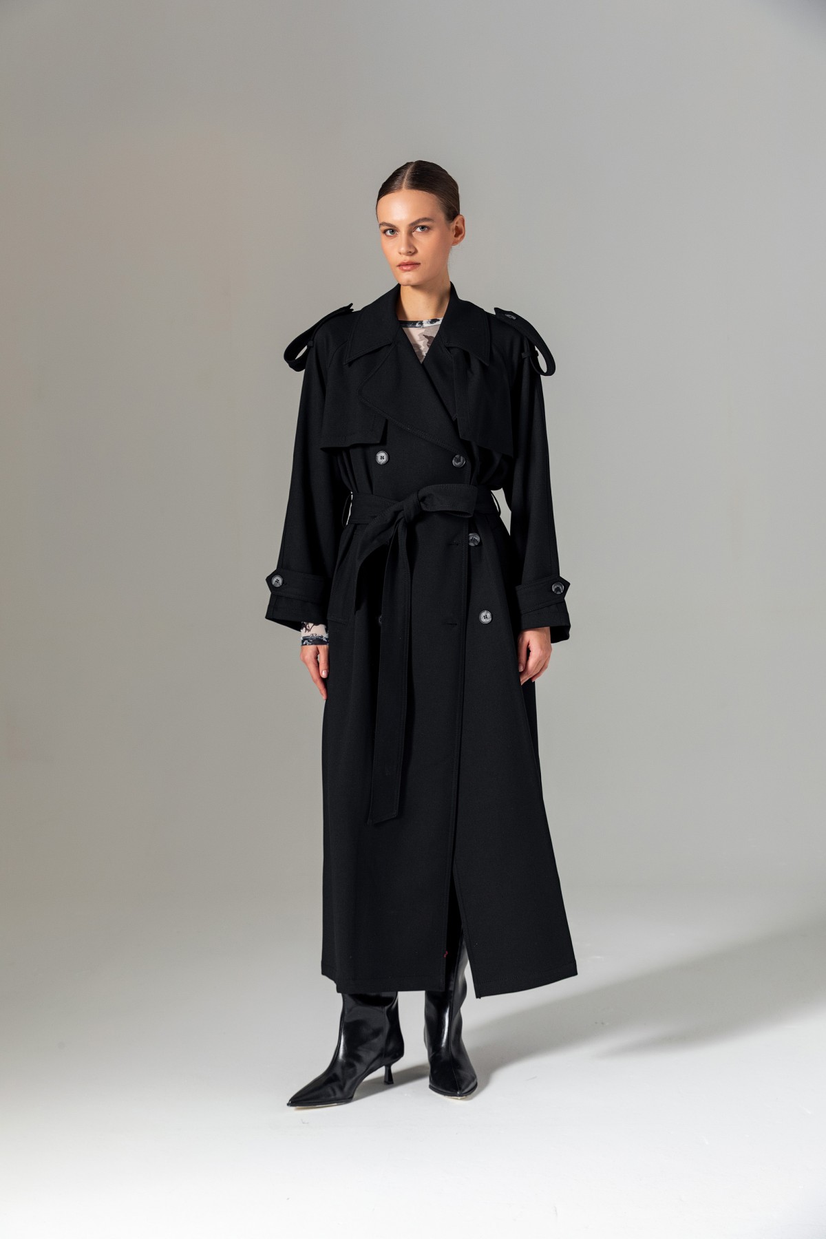 Kruvaze Maxi Trençkot Siyah