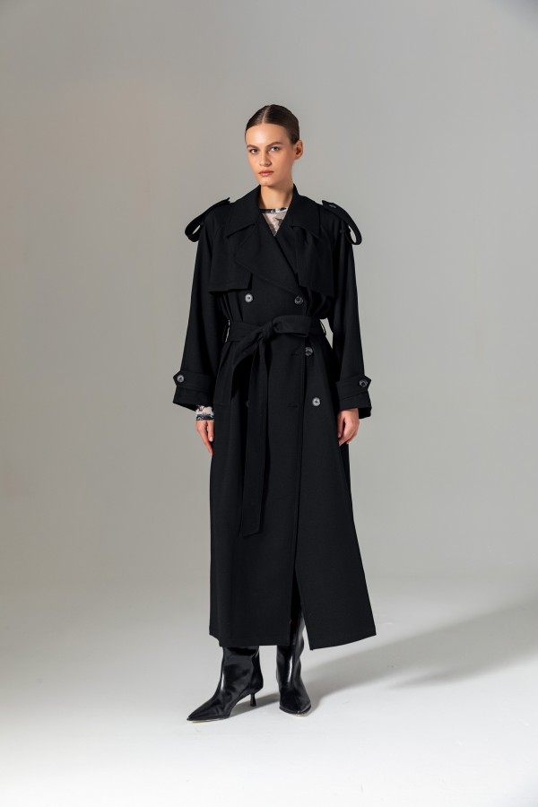 Kruvaze Maxi Trençkot Siyah