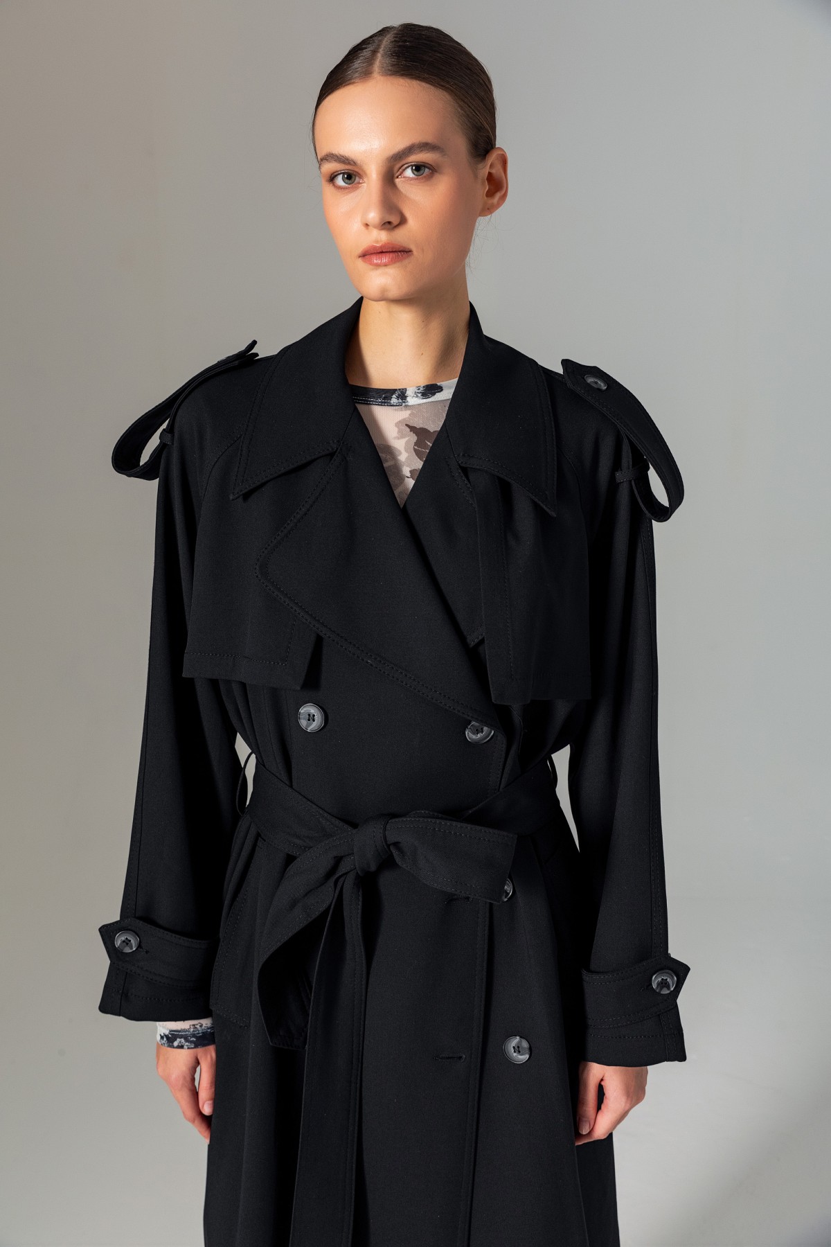 Kruvaze Maxi Trençkot Siyah