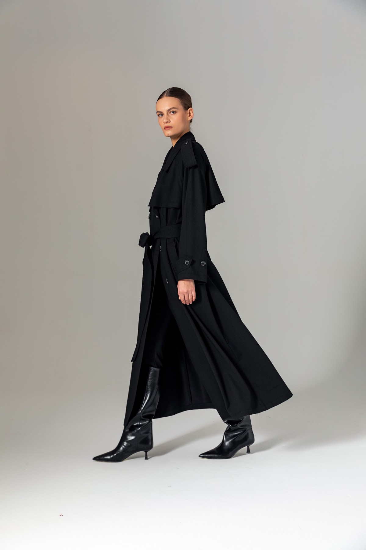 Kruvaze Maxi Trençkot Siyah