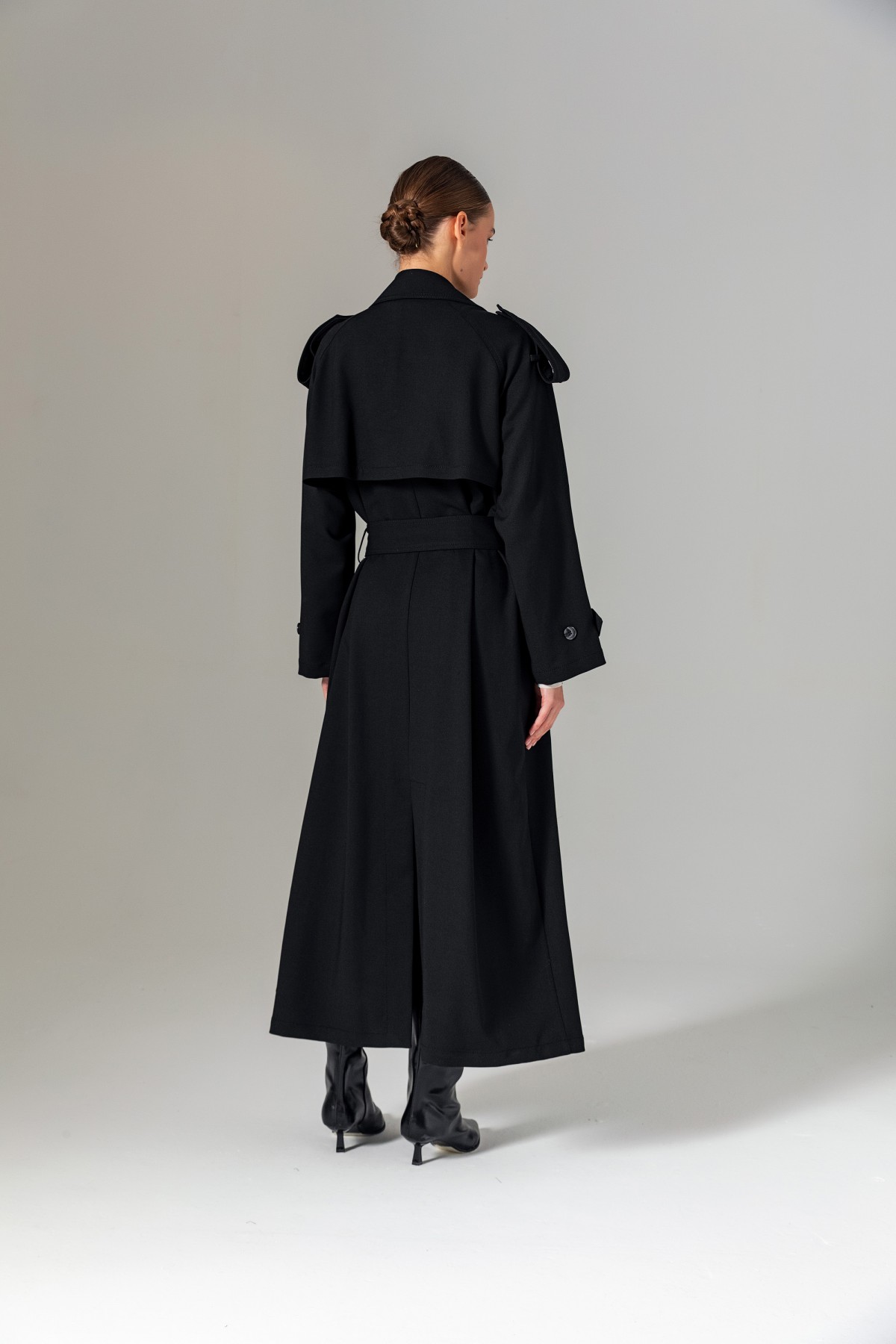 Kruvaze Maxi Trençkot Siyah