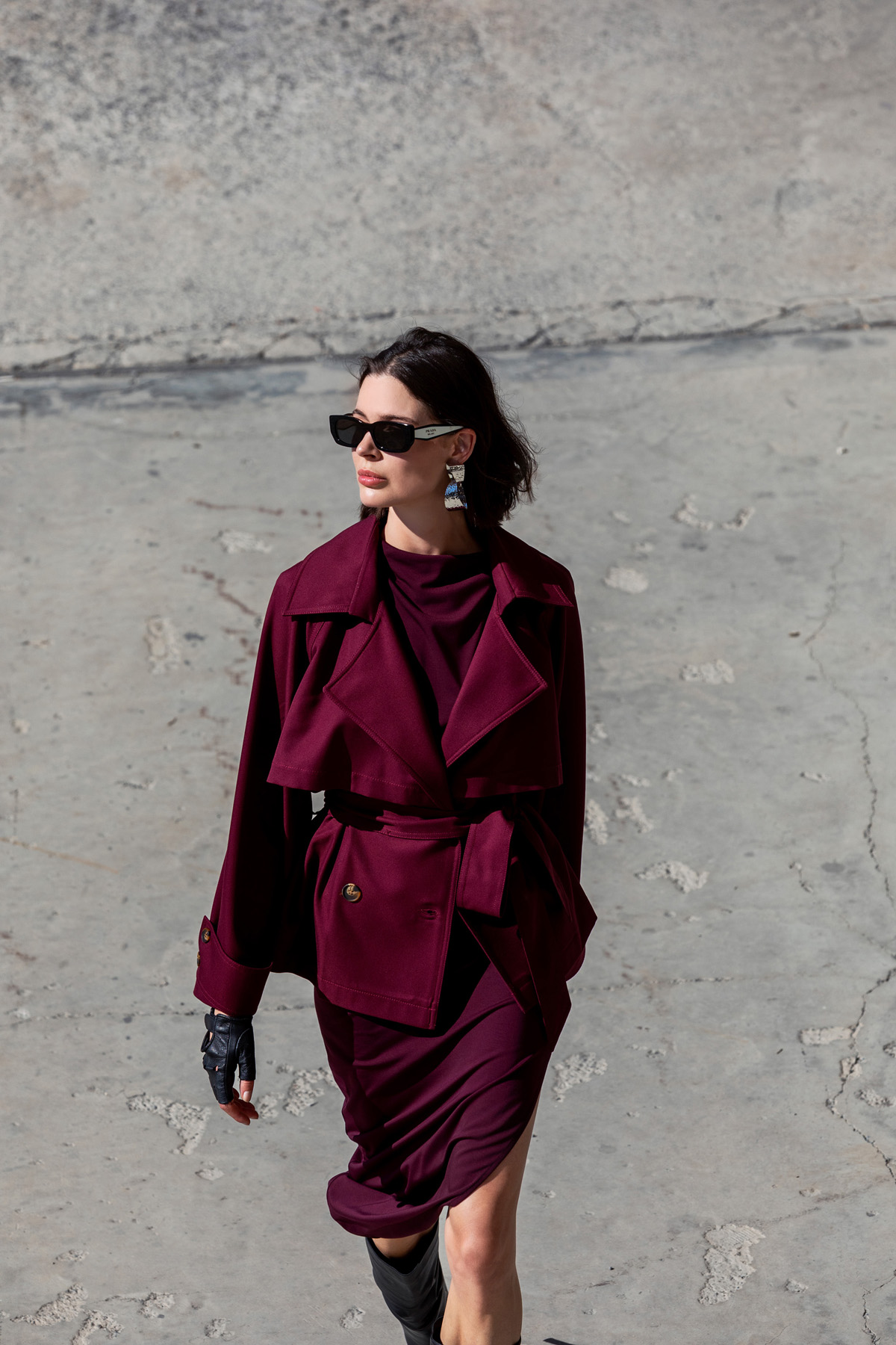 Kemerli Kısa Trençkot Bordo