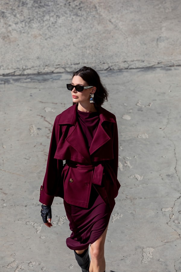 Kemerli Kısa Trençkot Bordo