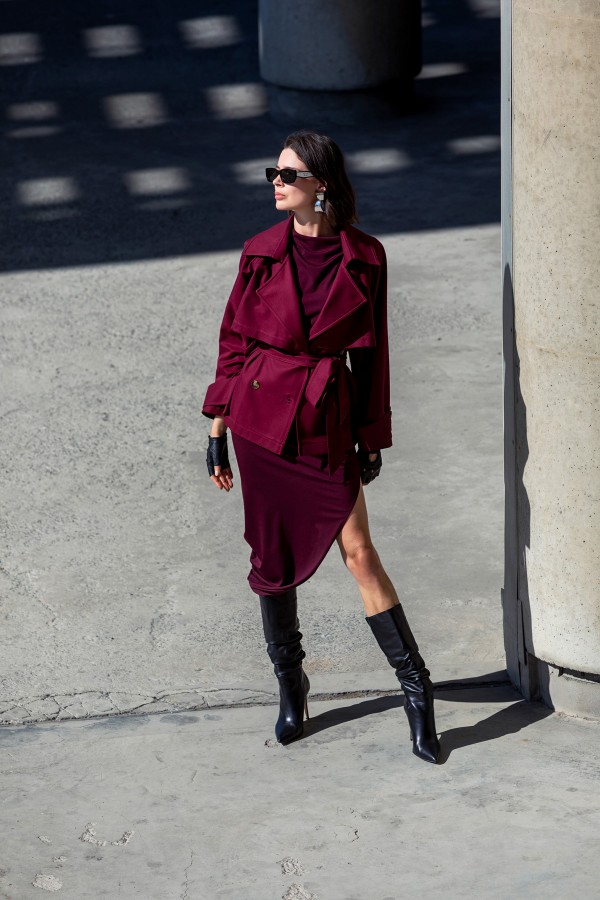 Kemerli Kısa Trençkot Bordo