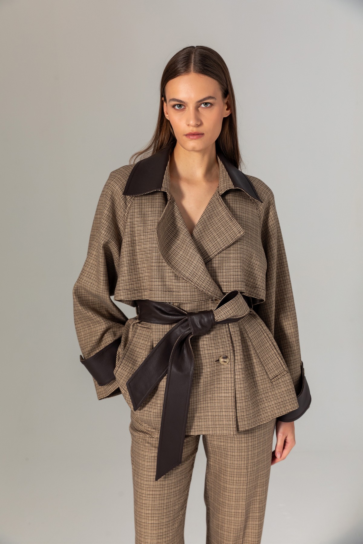 Deri Garnili Trençkot Kahve