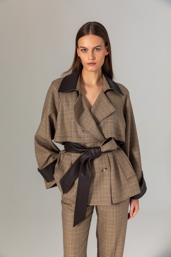 Kazayağı Desen Trençkot Kahve Kazayağı Desen Trençkot Kahve