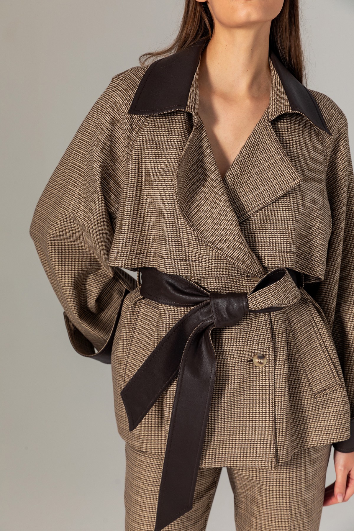 Deri Garnili Trençkot Kahve