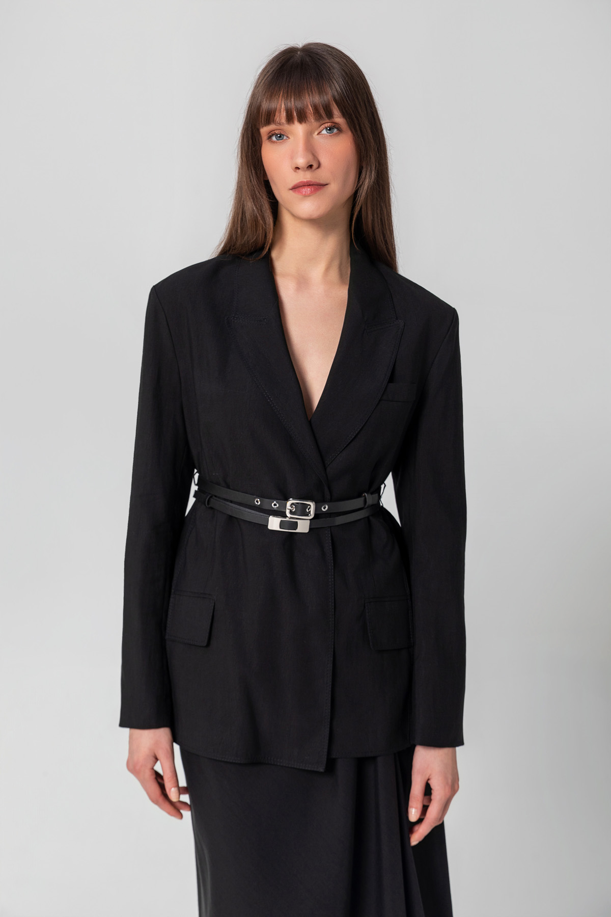 Çift Kemer Yırtmaçlı Blazer Ceket Siyah