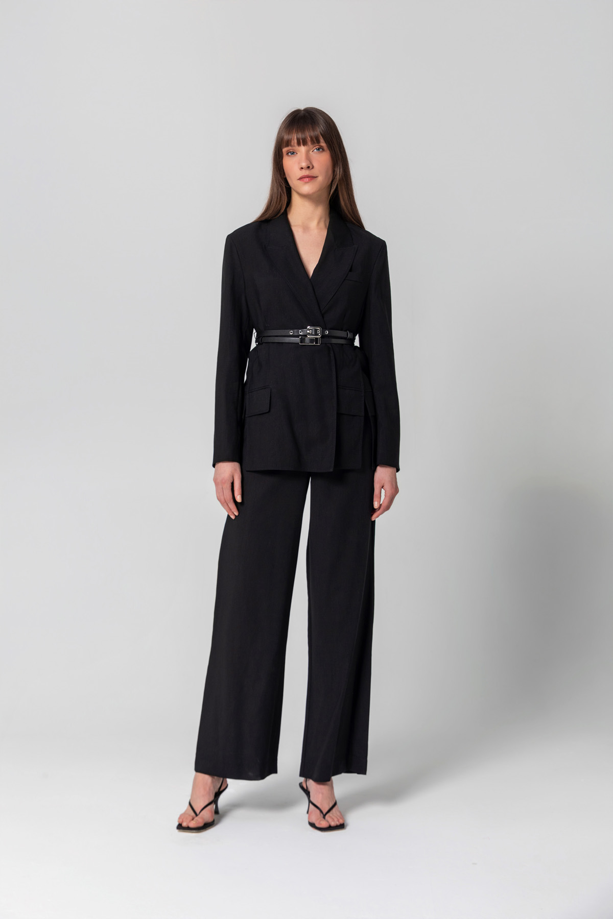 Çift Kemer Yırtmaçlı Blazer Ceket Siyah