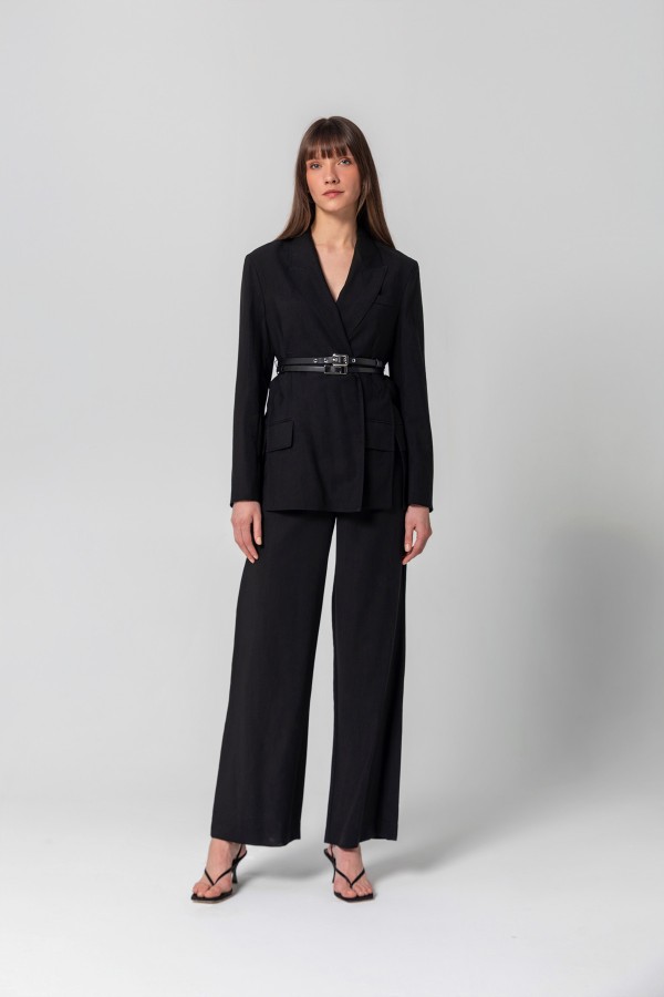 Çift Kemer Yırtmaçlı Blazer Ceket Siyah