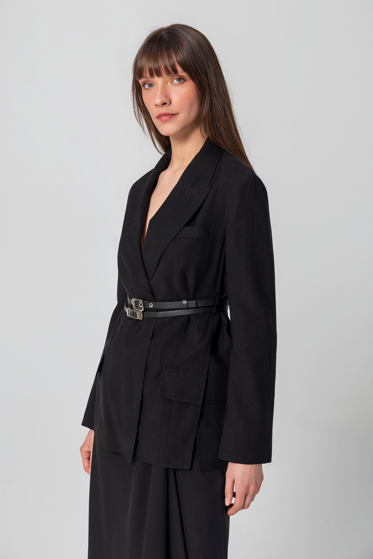 Çift Kemer Yırtmaçlı Blazer Ceket Siyah