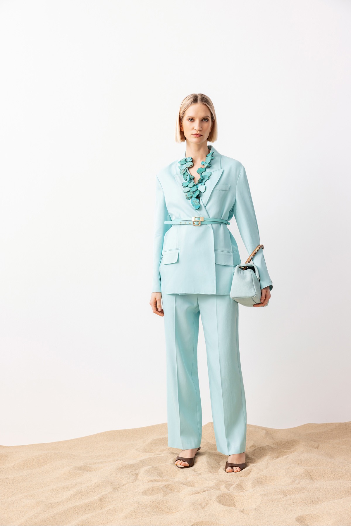 Çift Kemer Yırtmaçlı Blazer Ceket Turkuaz