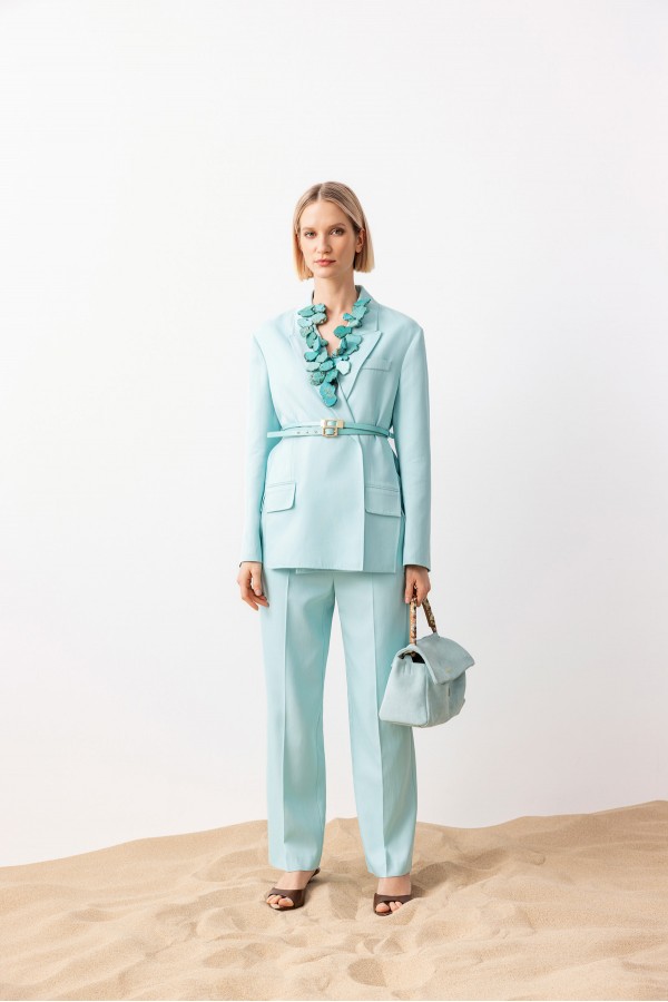 Çift Kemer Yırtmaçlı Blazer Ceket Turkuaz