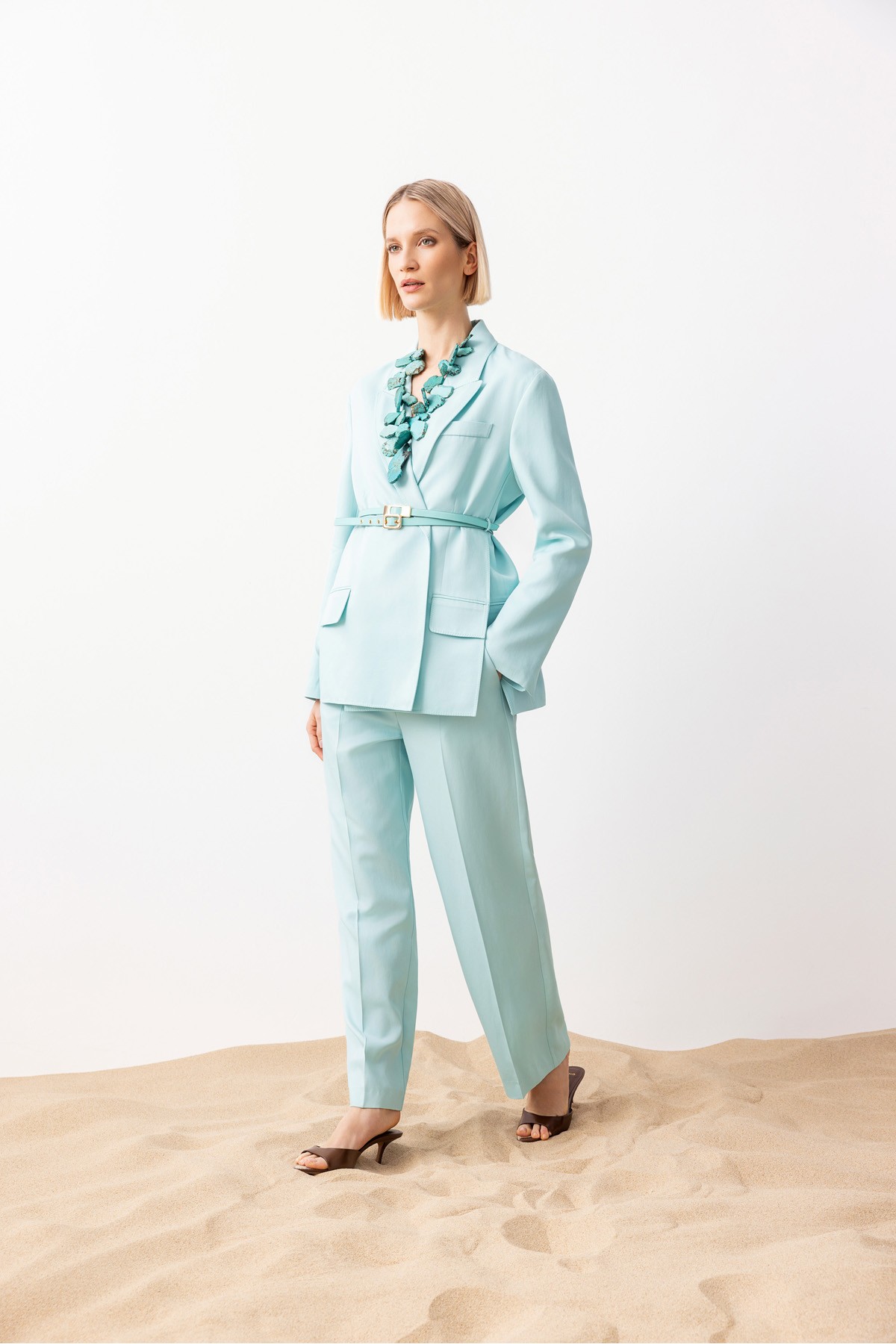 Çift Kemer Yırtmaçlı Blazer Ceket Turkuaz