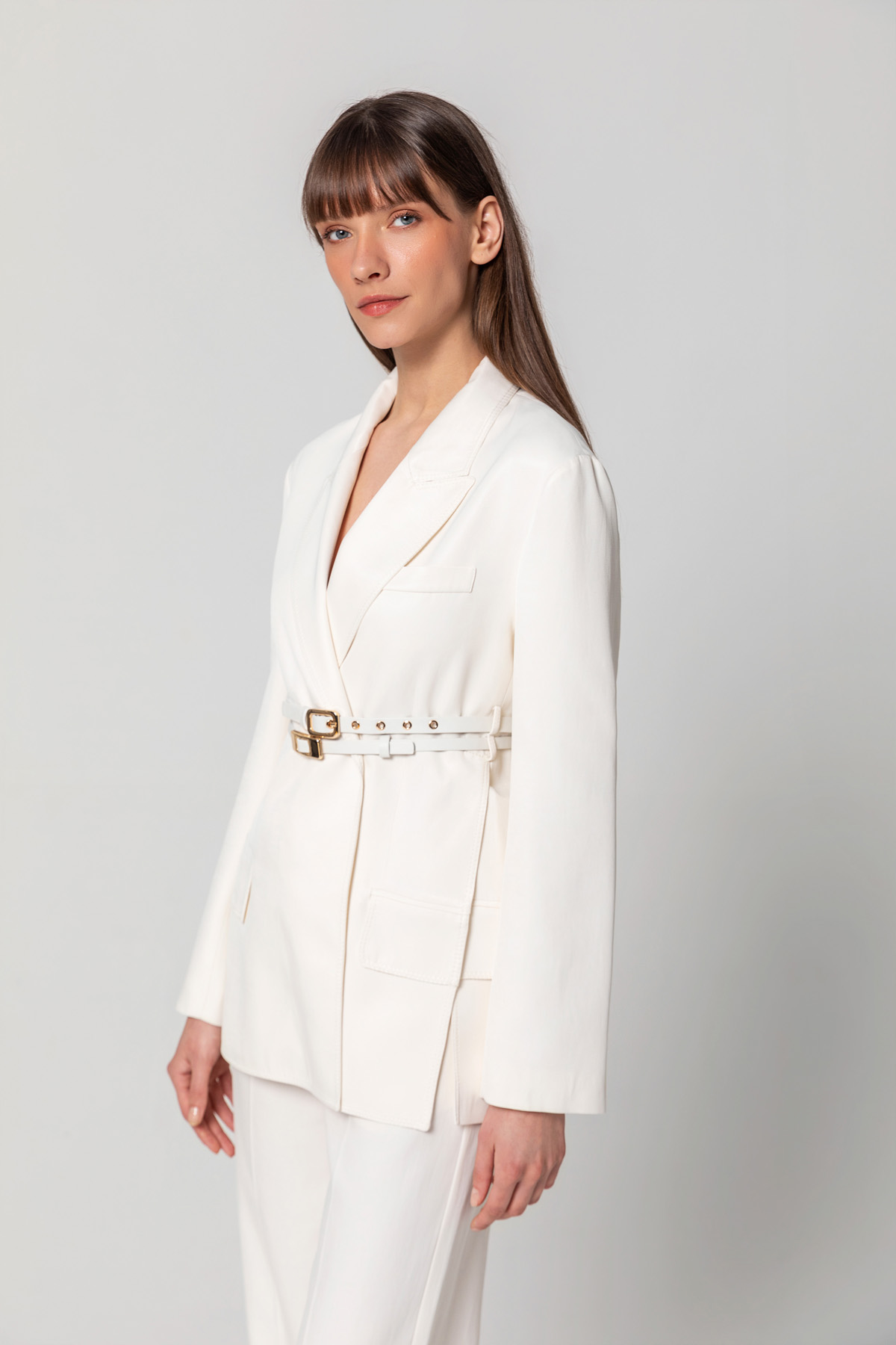 Çift Kemer Yırtmaçlı Blazer Ceket Ekru