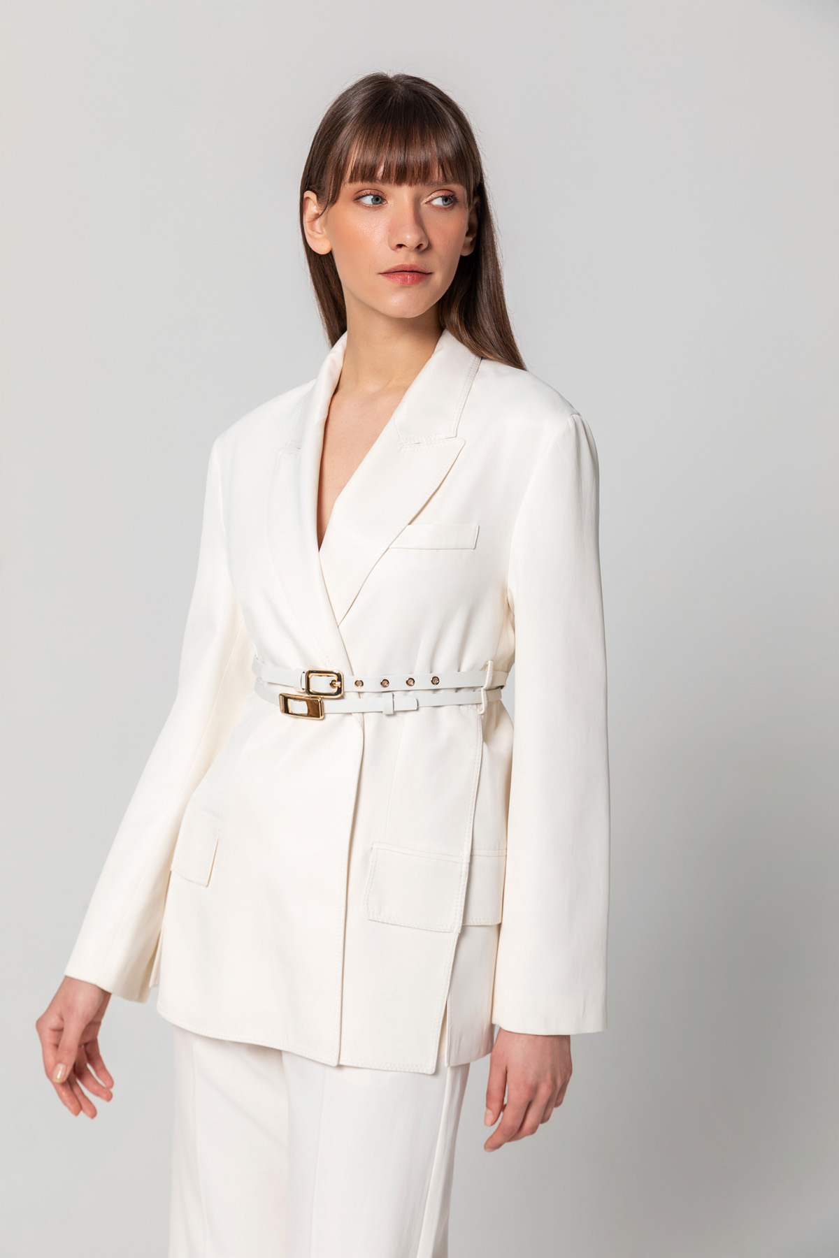 Çift Kemer Yırtmaçlı Blazer Ceket Ekru