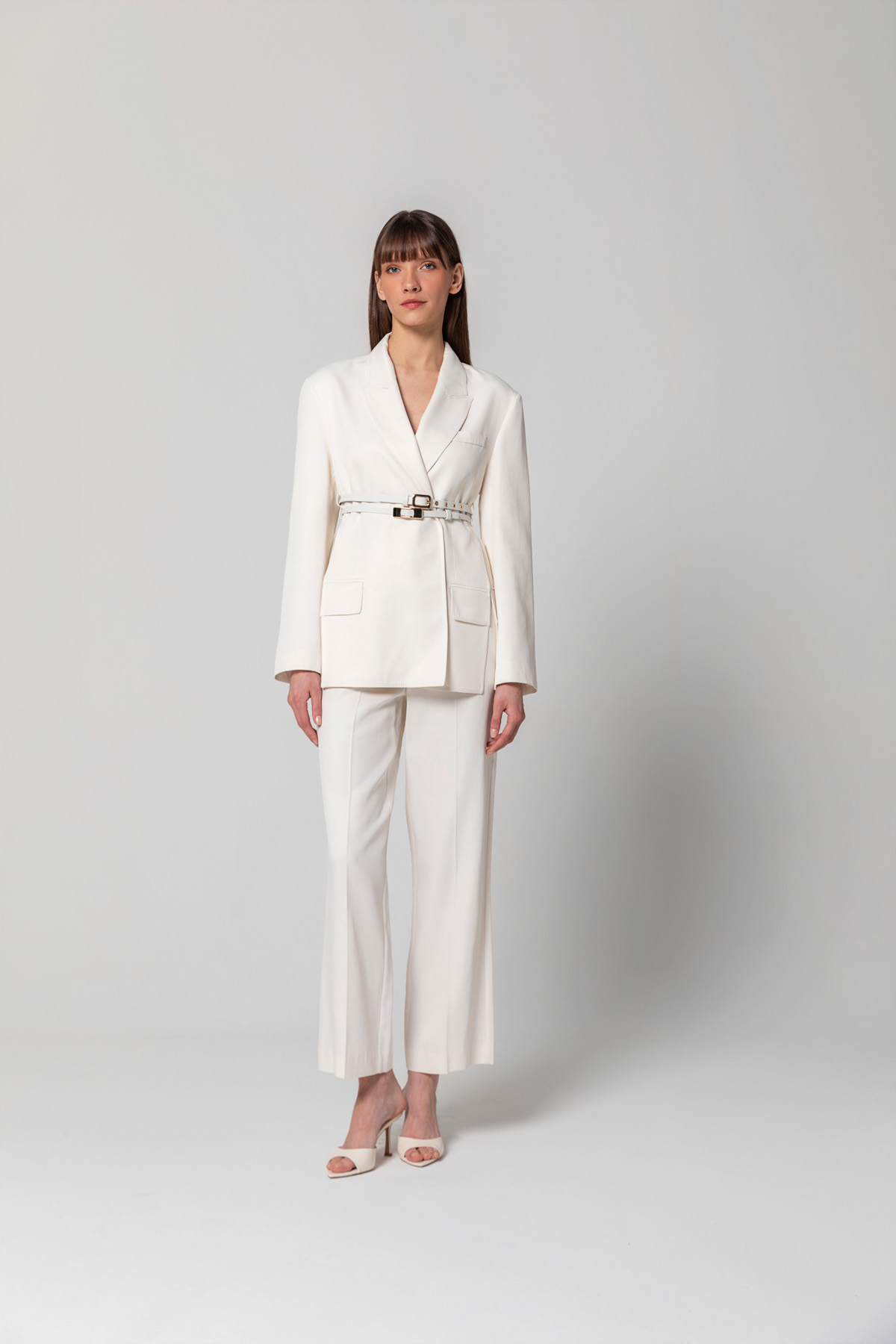 Çift Kemer Yırtmaçlı Blazer Ceket Ekru