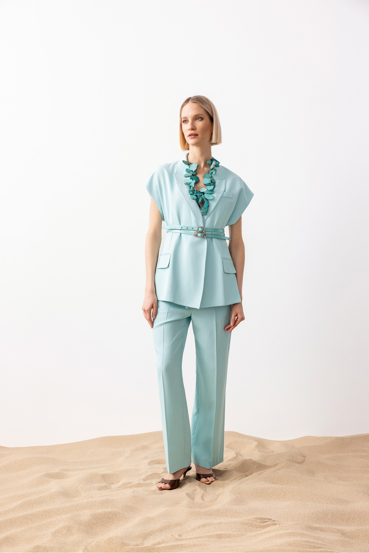 Çift Kemer Yırtmaçlı Yelek Turkuaz