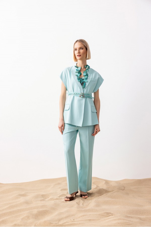 Çift Kemer Yırtmaçlı Yelek Turkuaz