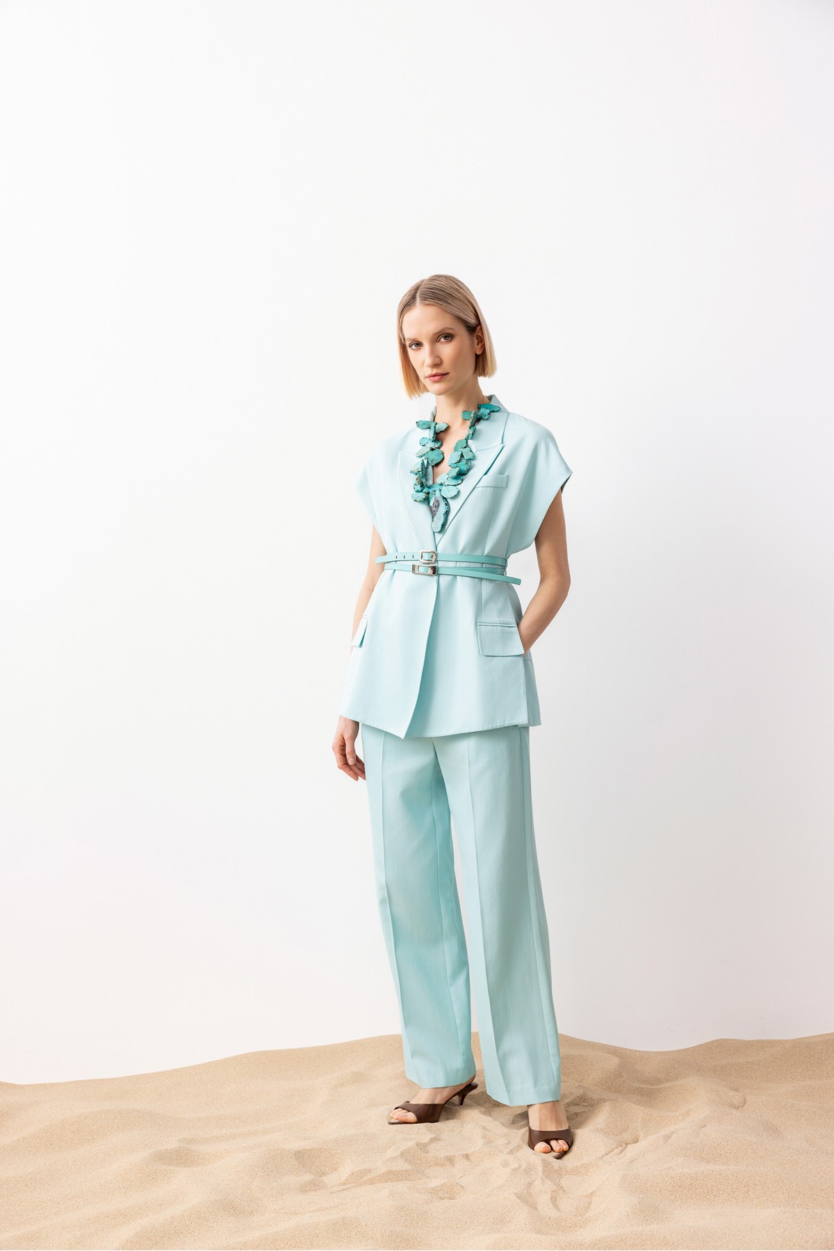 Çift Kemer Yırtmaçlı Yelek Turkuaz