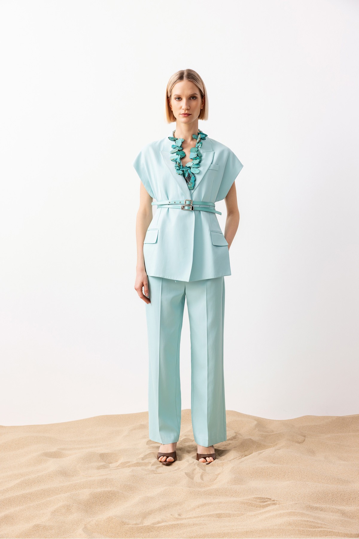 Çift Kemer Yırtmaçlı Yelek Turkuaz