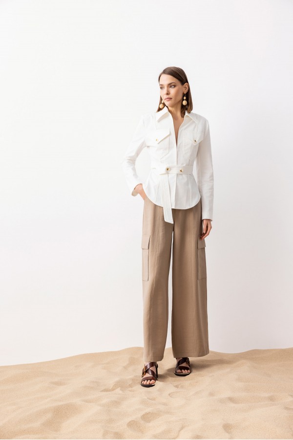 Bele Oturan Kuşaklı Ceket Ekru