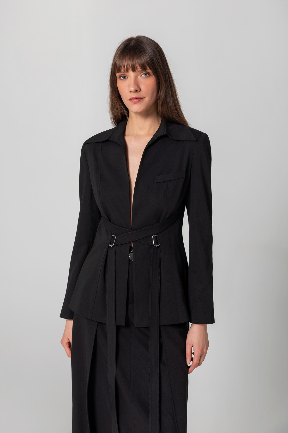 Bele Oturan Bağlamalı Blazer Siyah