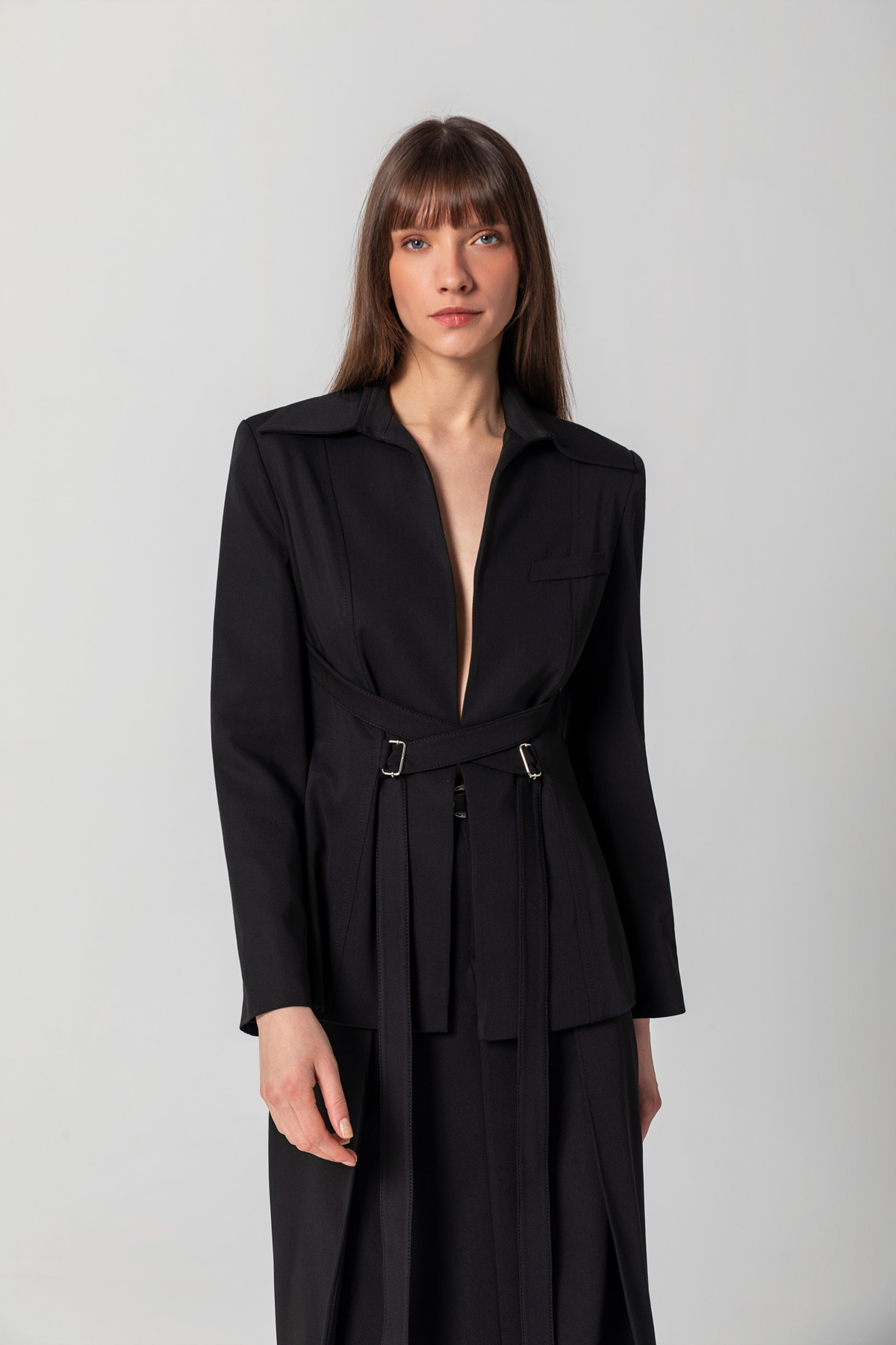 Bele Oturan Bağlamalı Blazer Siyah