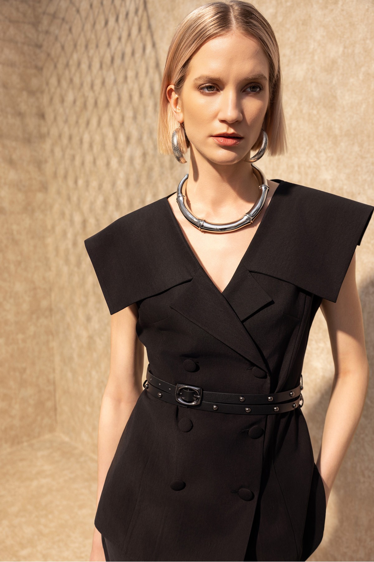 Geniş Yaka Kruvaze Yelek Siyah