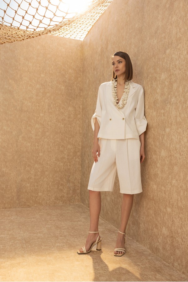 Dökümlü Kruvaze Ceket Ekru