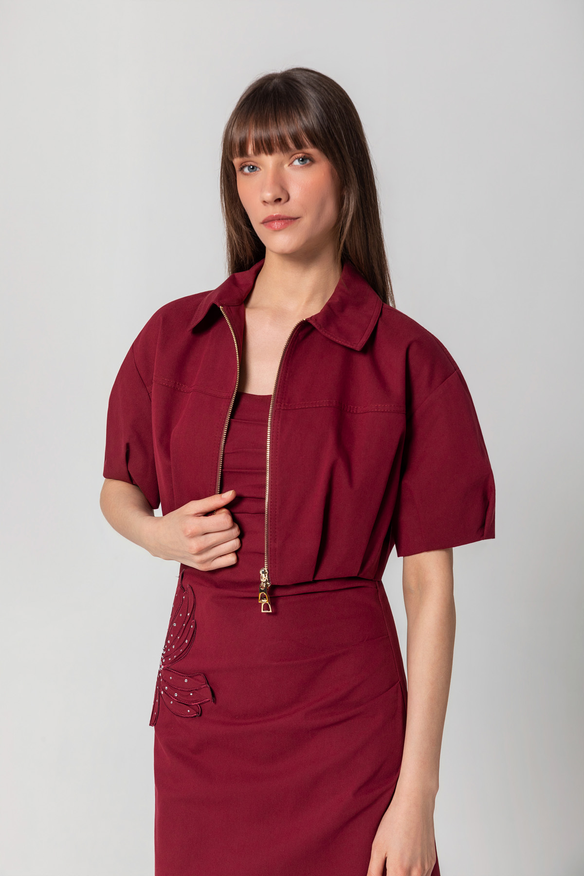 Fermuarlı Crop Ceket Bordo