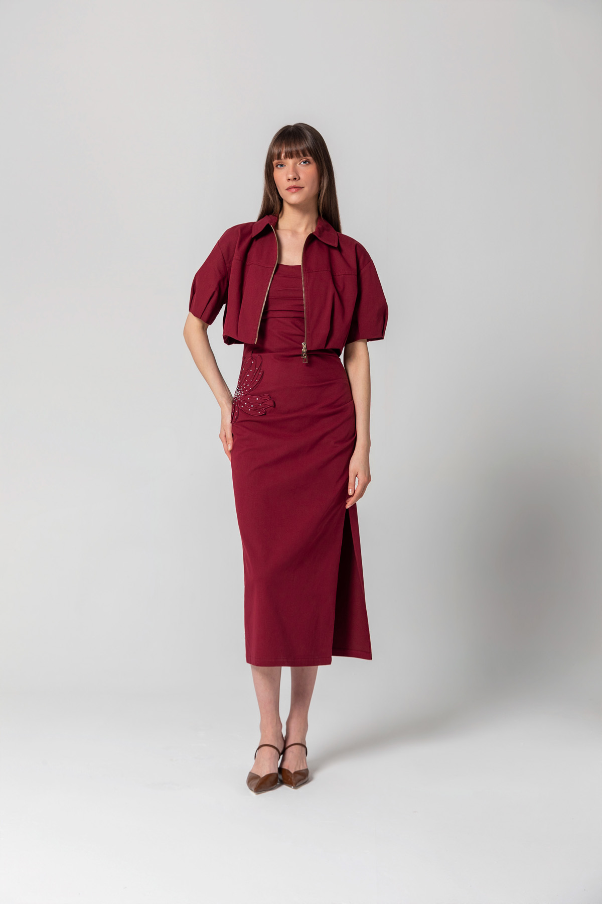Fermuarlı Crop Ceket Bordo