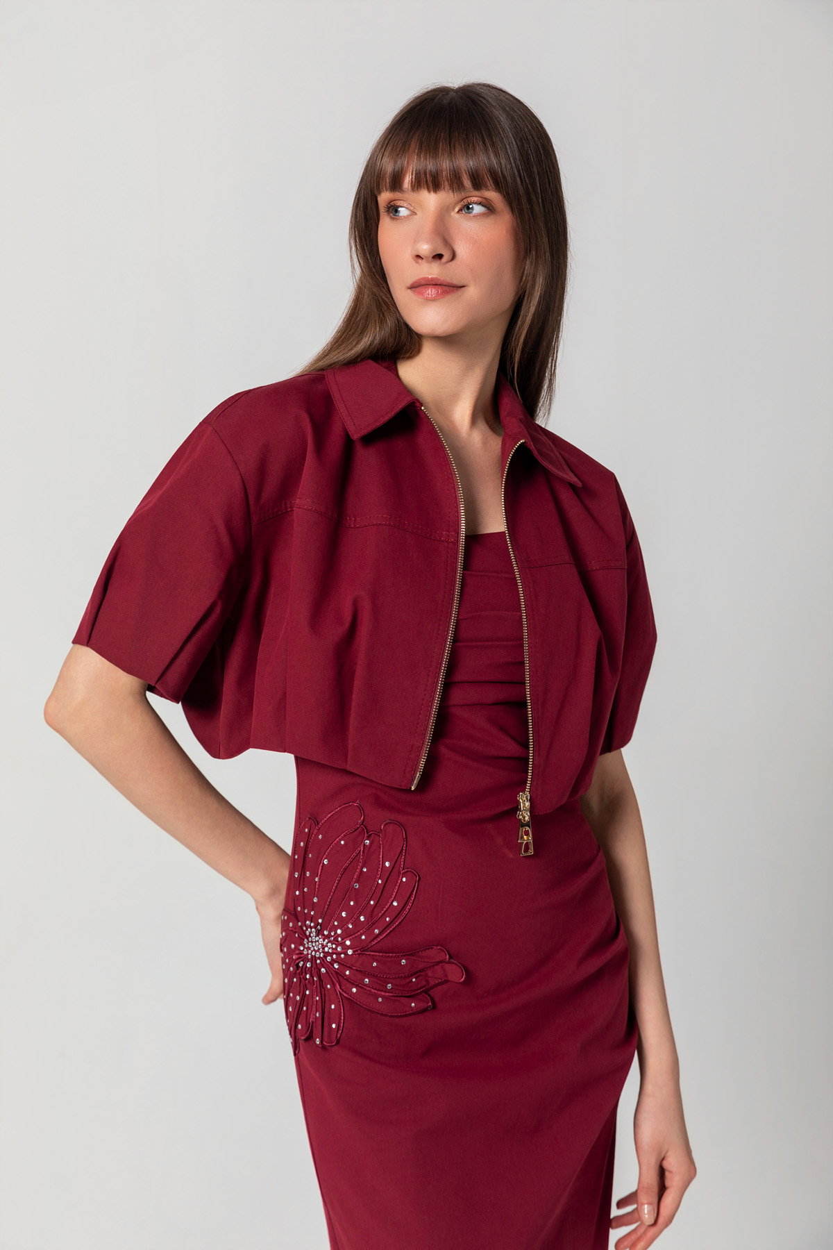 Fermuarlı Crop Ceket Bordo