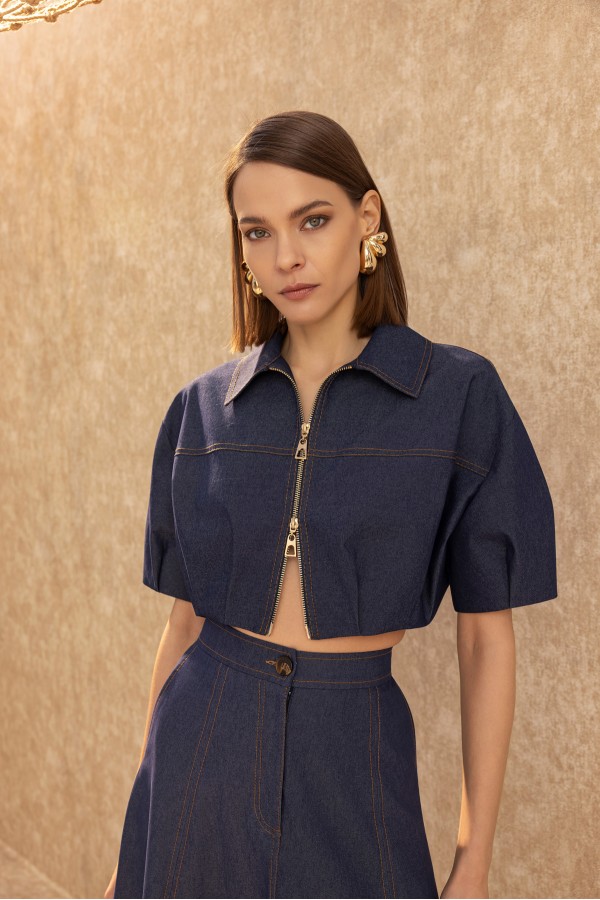 Fermuarlı Crop Ceket Deni̇m