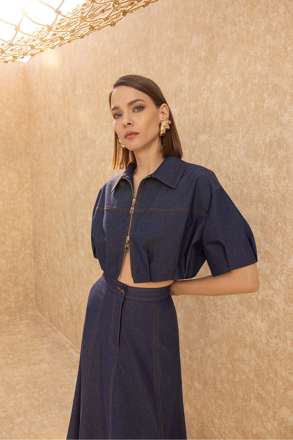 Fermuarlı Crop Ceket Deni̇m