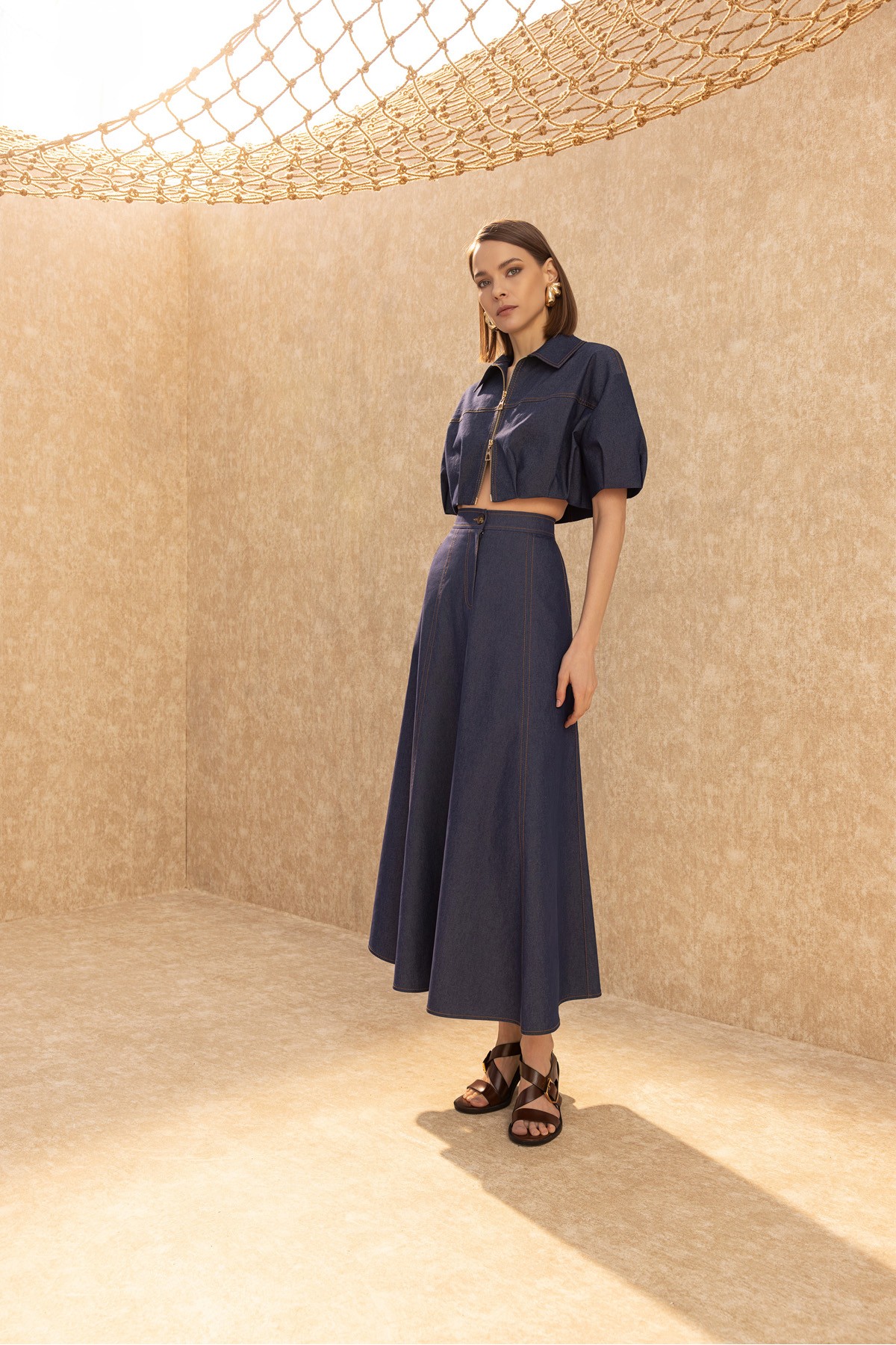 Fermuarlı Crop Ceket Deni̇m