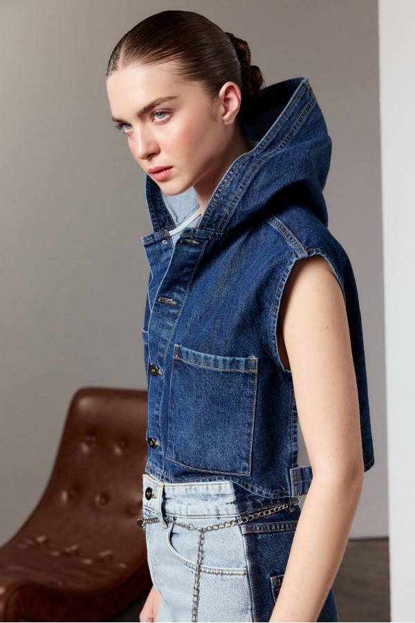 Kapüşonlu Denim Yelek Indigo