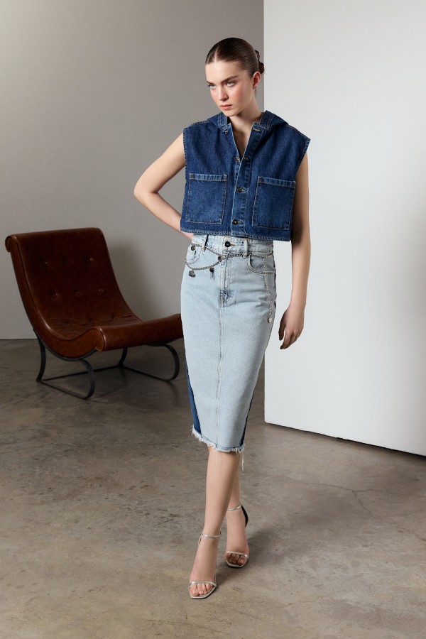 Kapüşonlu Denim Yelek Indigo