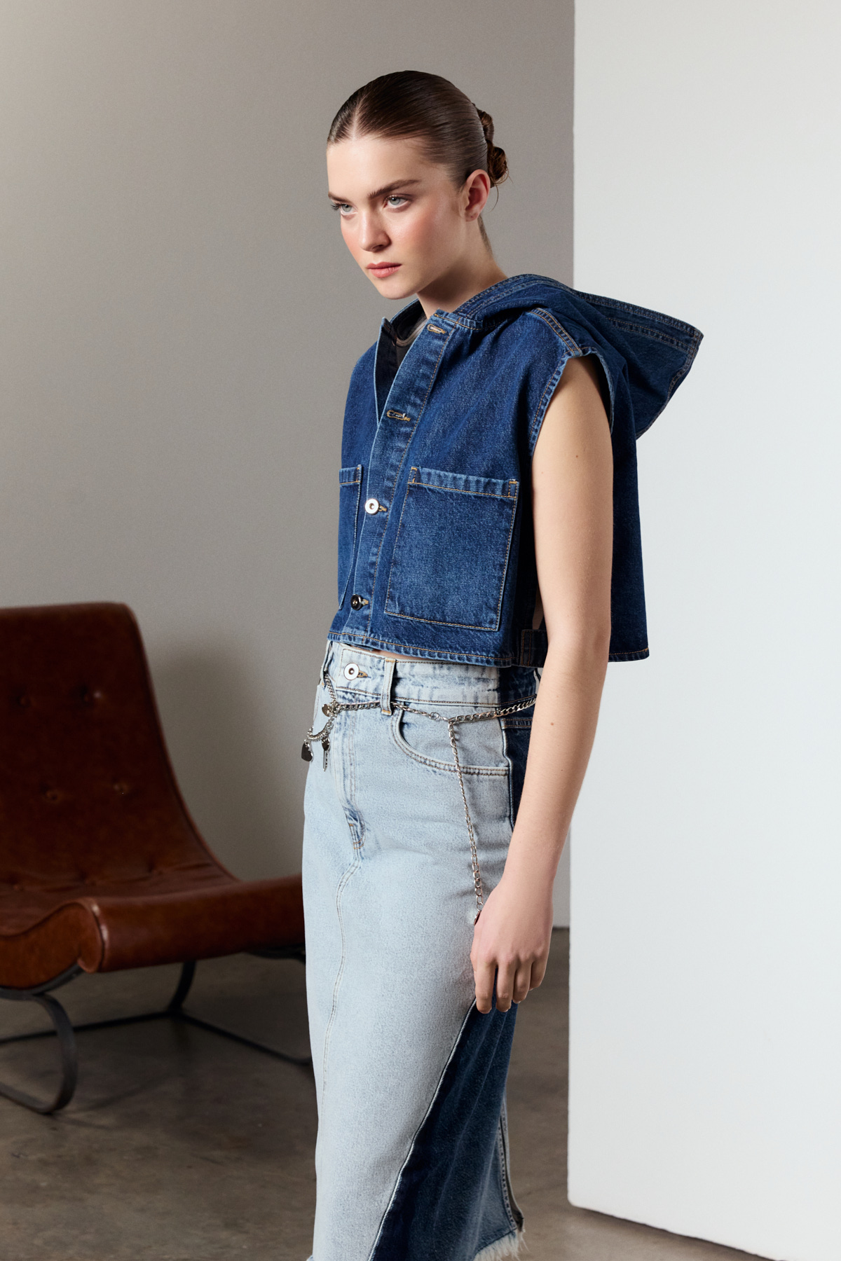 Kapüşonlu Denim Yelek Indigo