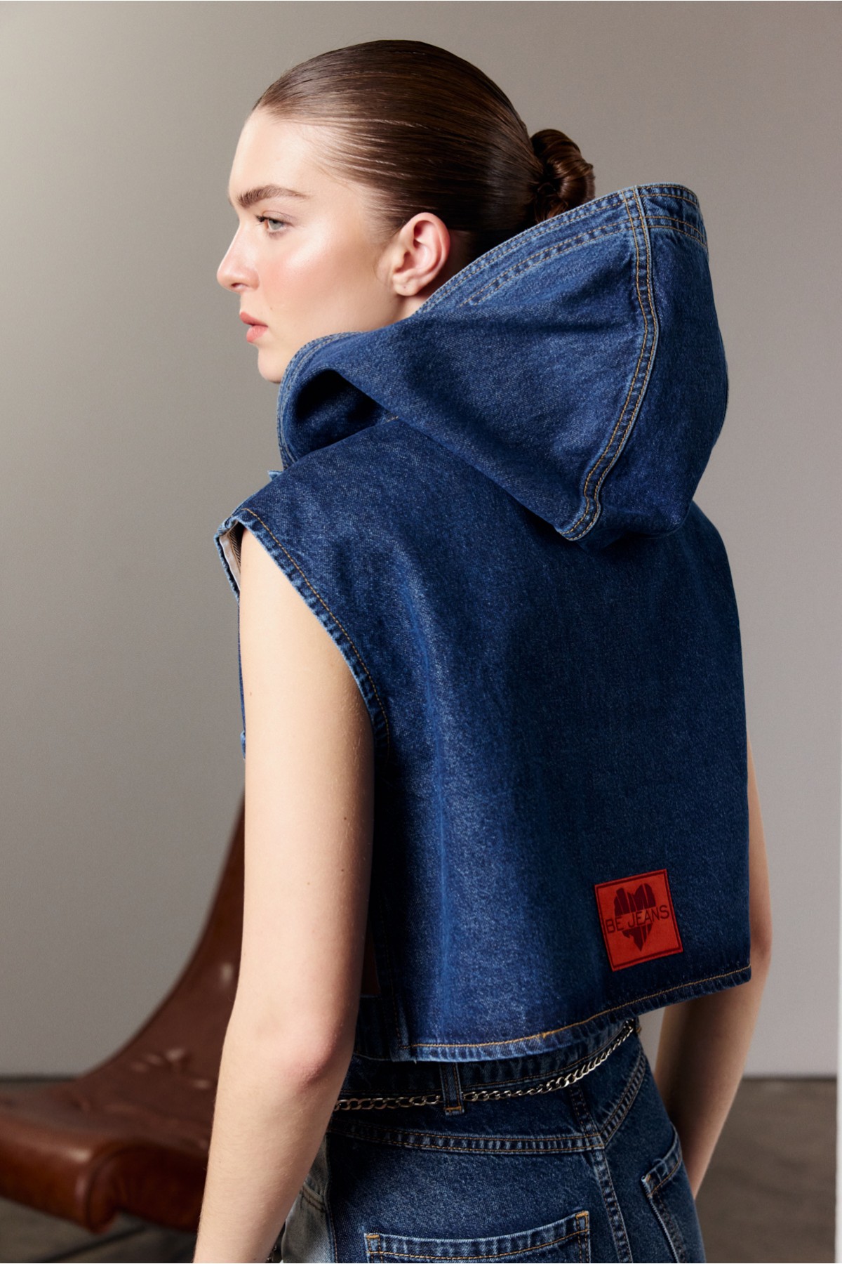Kapüşonlu Denim Yelek Indigo