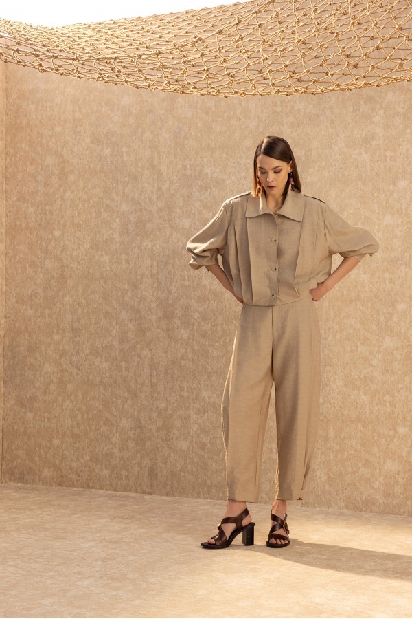 Paçası Düğmeli Balon Pantolon Bej