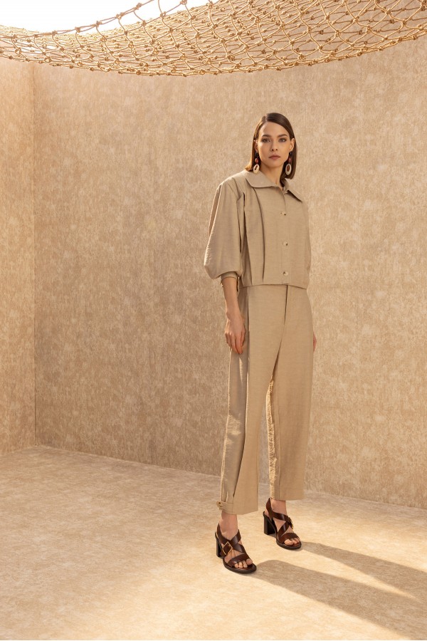 Paçası Düğmeli Balon Pantolon Bej