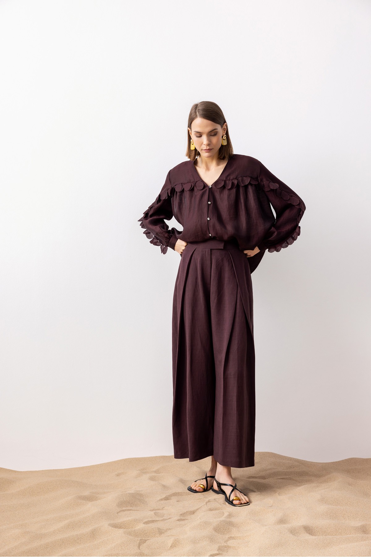 Pileli Linen Pantolon Mürdüm