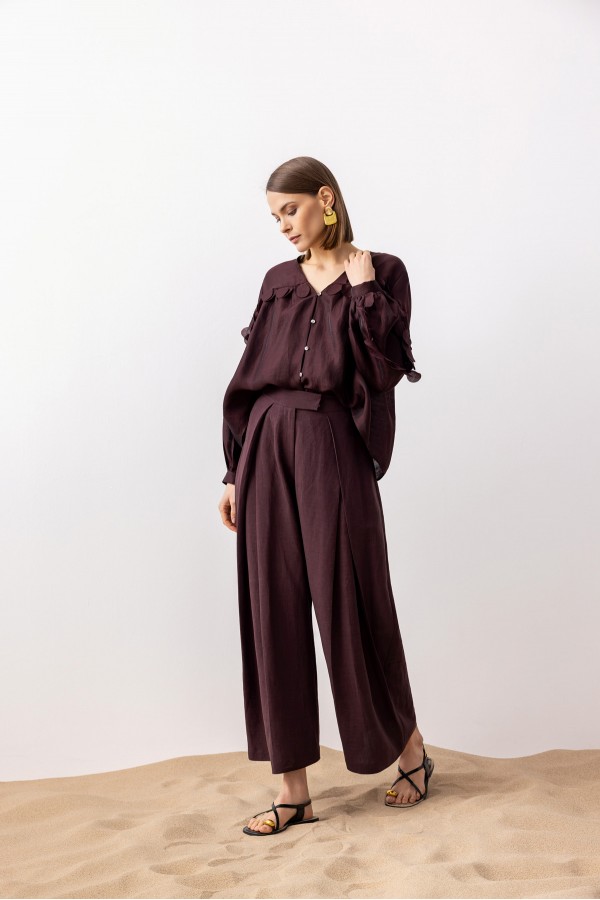 Pileli Linen Pantolon Mürdüm