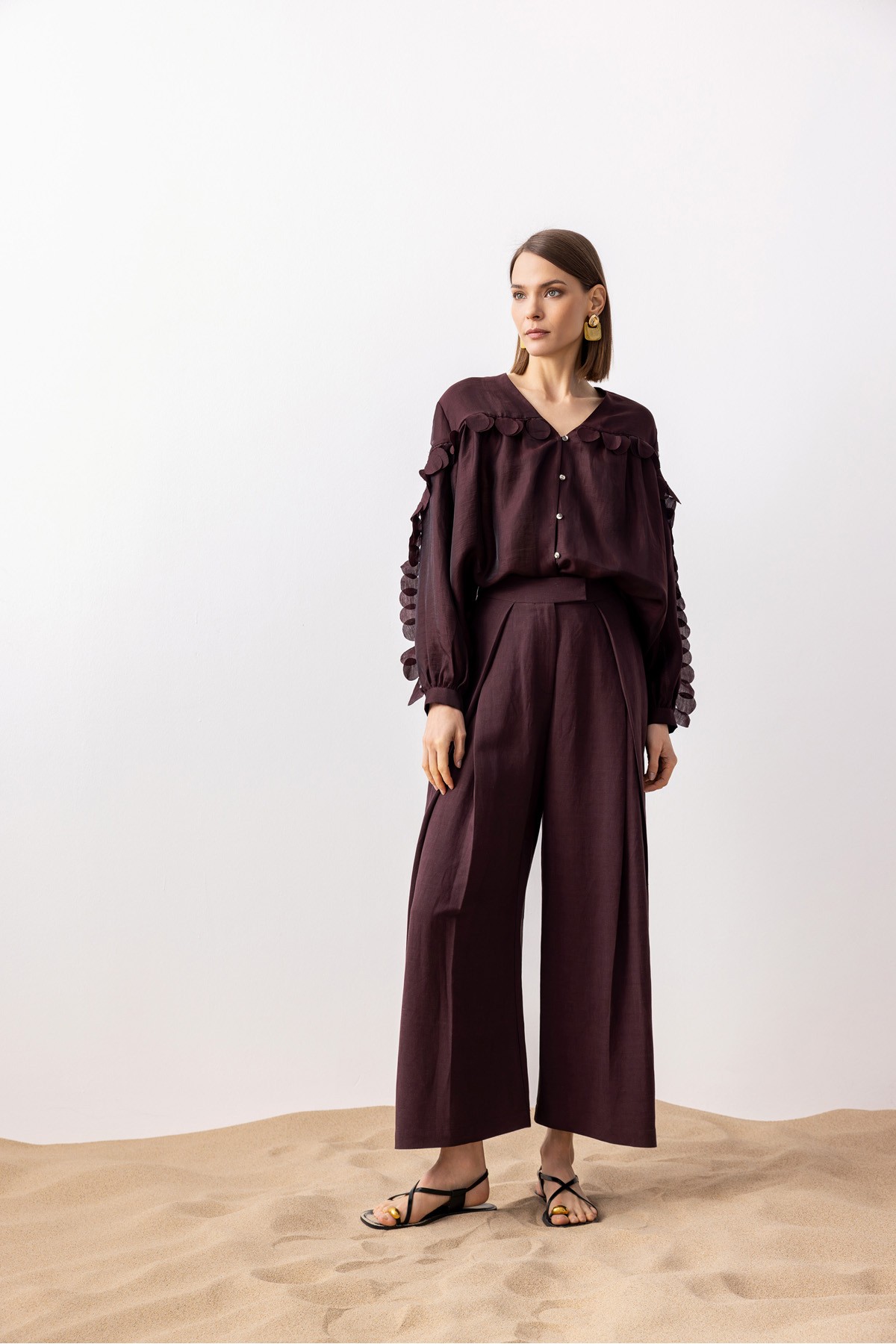 Pileli Linen Pantolon Mürdüm