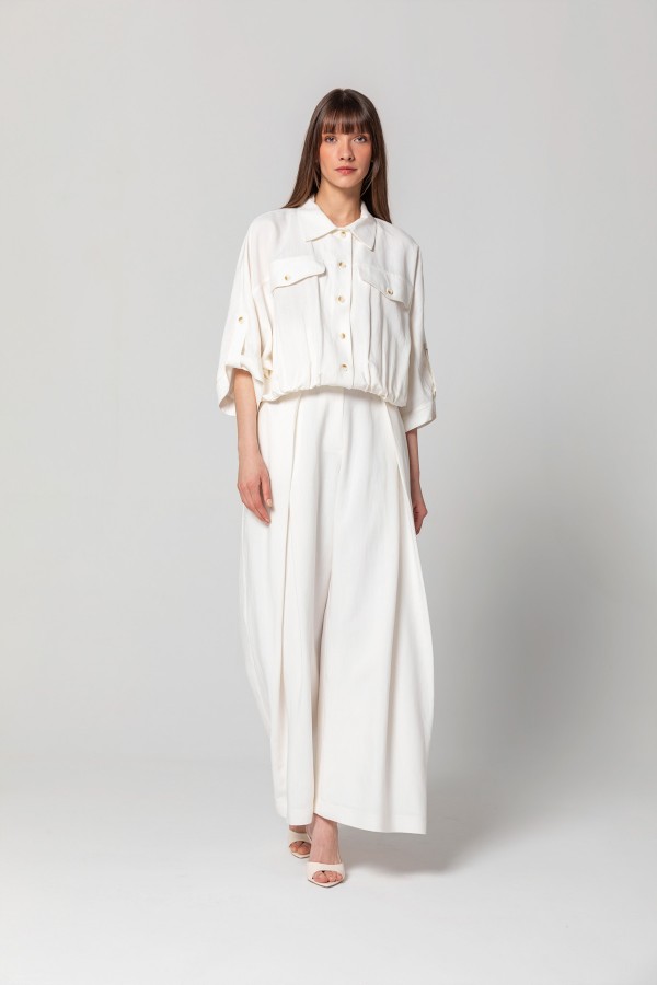 Pileli Linen Pantolon Ekru