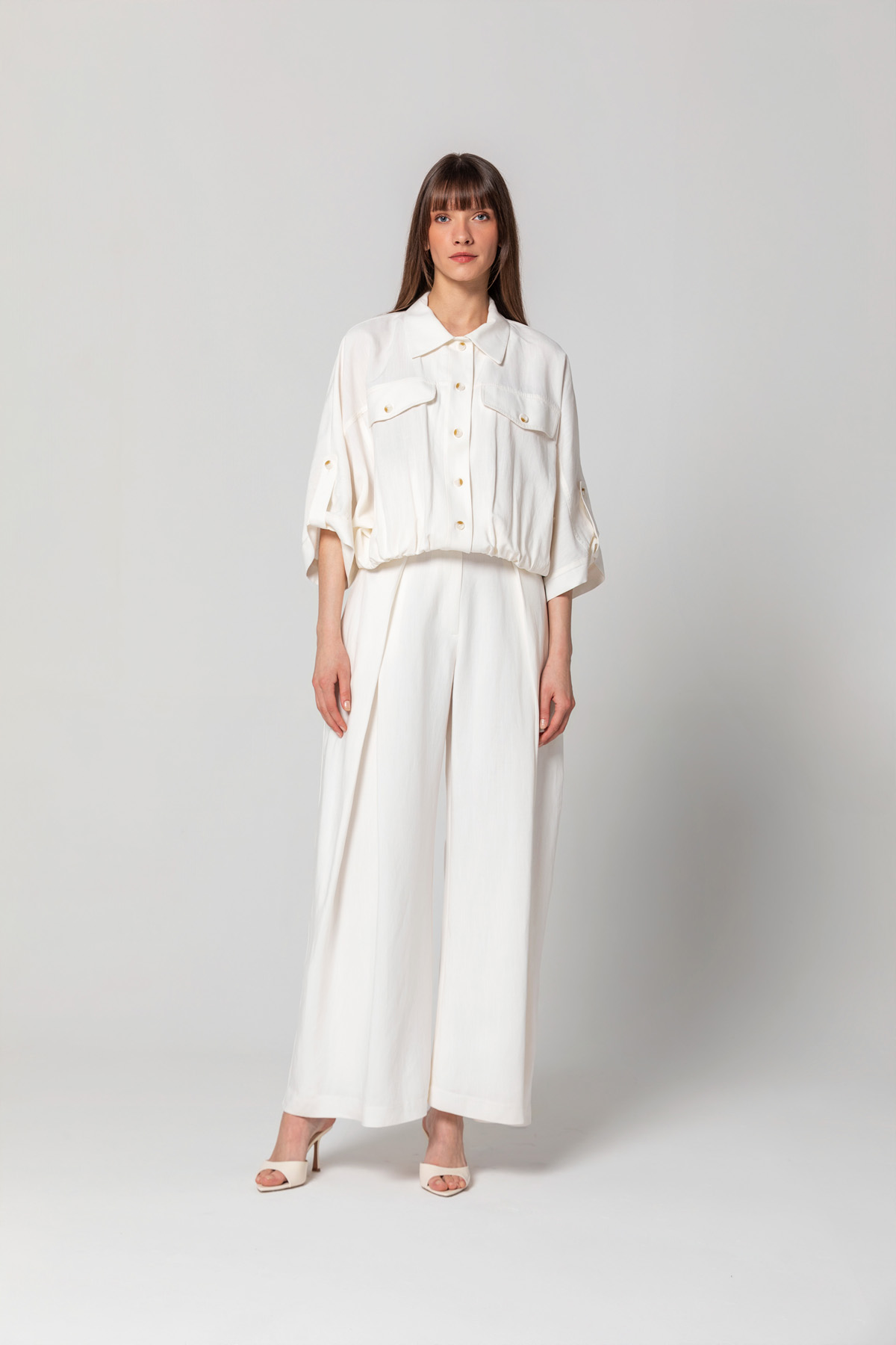 Pileli Linen Pantolon Ekru