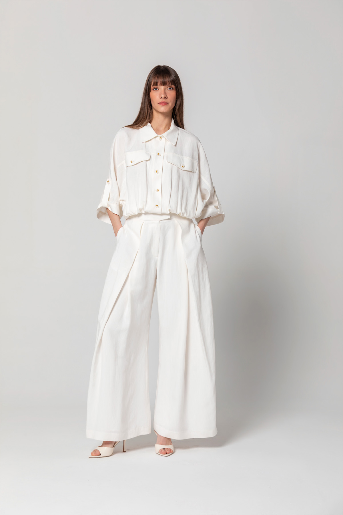 Pileli Linen Pantolon Ekru