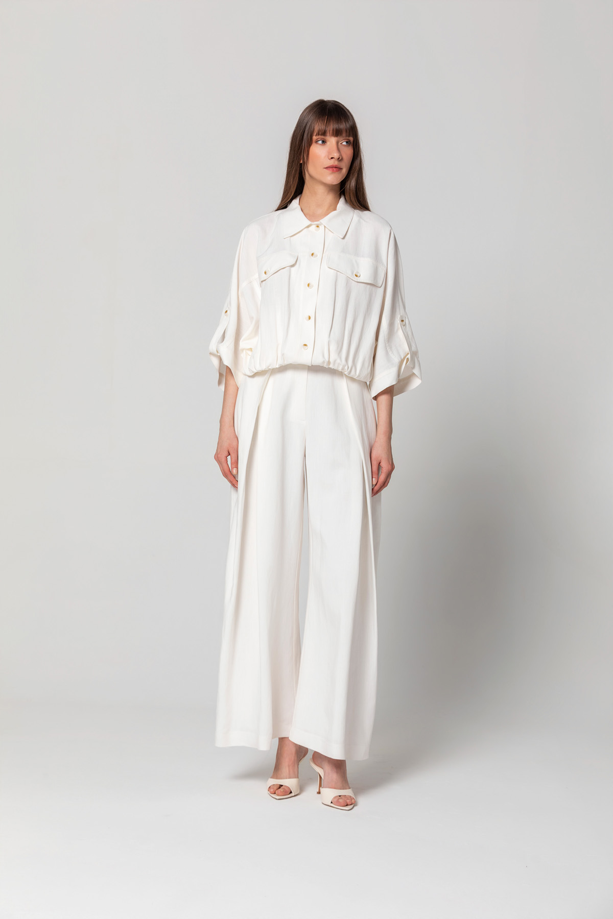 Pileli Linen Pantolon Ekru